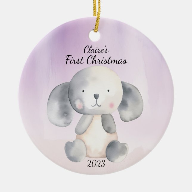 Baby's First Christmas Puppy Blue Personalisiert Keramik Ornament (Vorne)