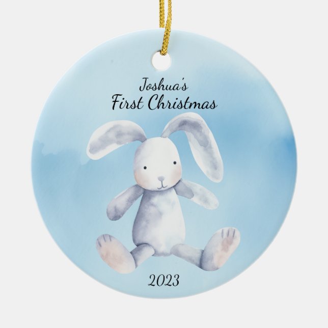 Baby's First Christmas Rabbit Blue Personalisiert Keramik Ornament (Vorne)