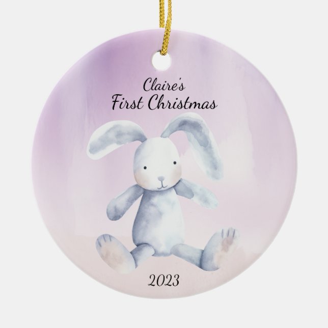 Baby's First Christmas Rabbit LavenderPersonalisie Keramik Ornament (Vorne)