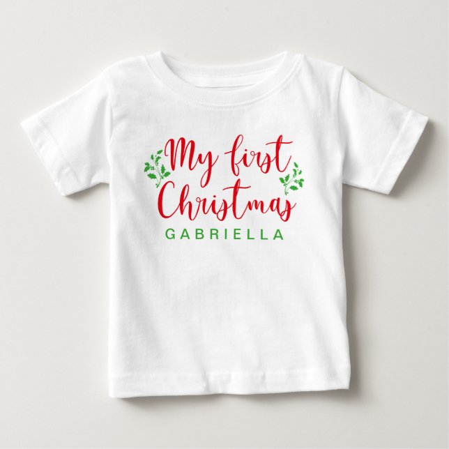 Baby's First Christmas Red and Green Calligraphy Baby T-shirt (Vorderseite)