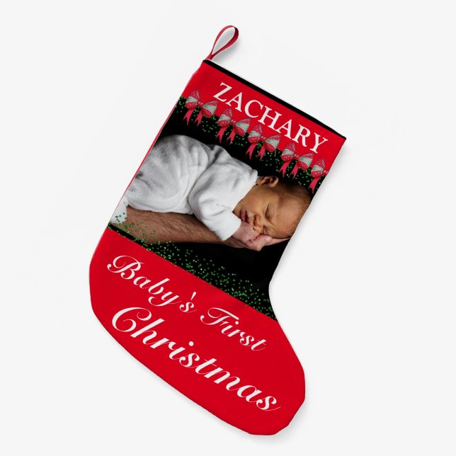 Baby's First Christmas Red Bows & Foto Kleiner Weihnachtsstrumpf (Vorderansicht (hängend))