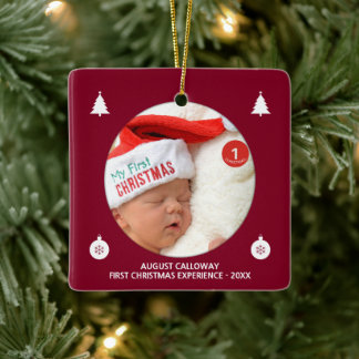Baby's First Christmas Red White Custom Name Photo Keramikornament