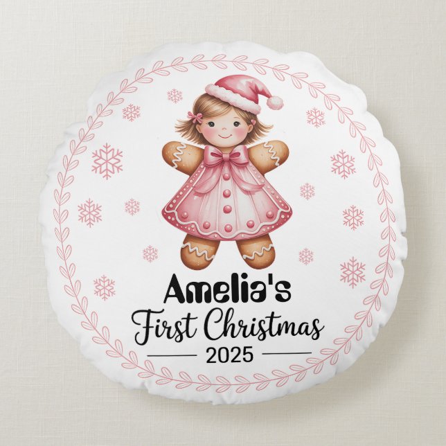 "Baby's First Christmas Round Pillow Editable Rundes Kissen (Vorderseite)
