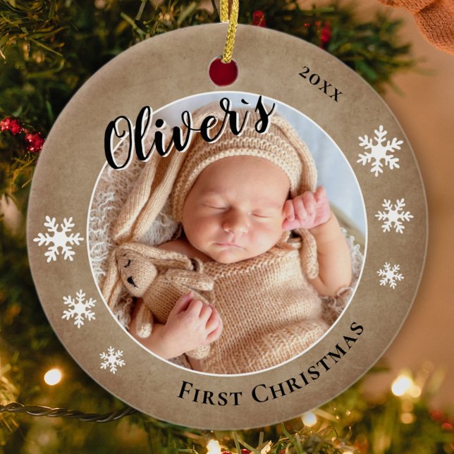 Baby's First Christmas Rustic Name Foto Keramik Ornament (Von Creator hochgeladen)