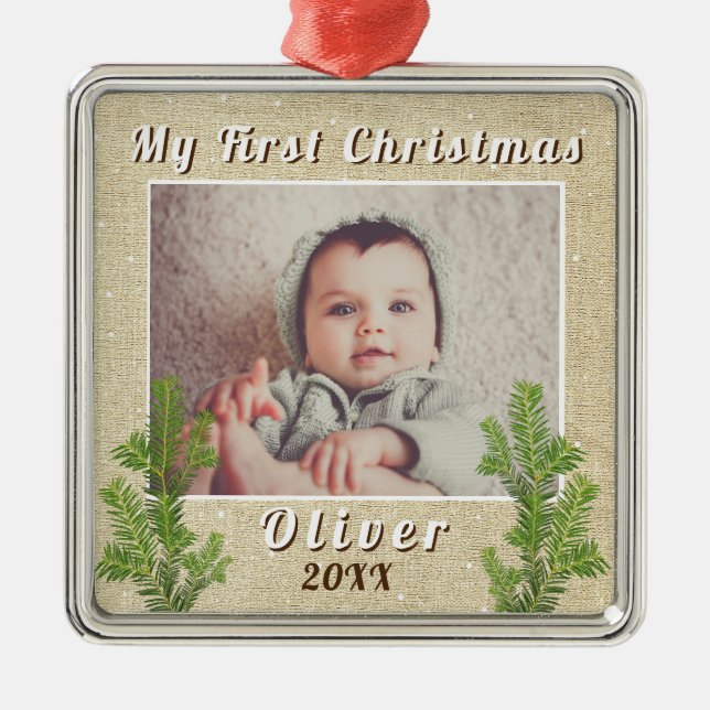 Baby's First Christmas Rustic Ornament Aus Metall (Vorne)