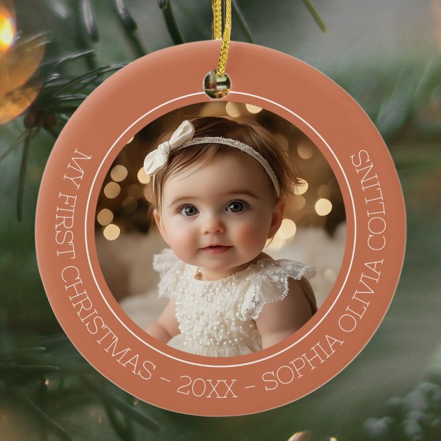 Baby's First Christmas Rustic Terracotta Zwei Foto Keramik Ornament (Baby's First Christmas Rustic Terracotta Two Photo Ceramic Ornament)