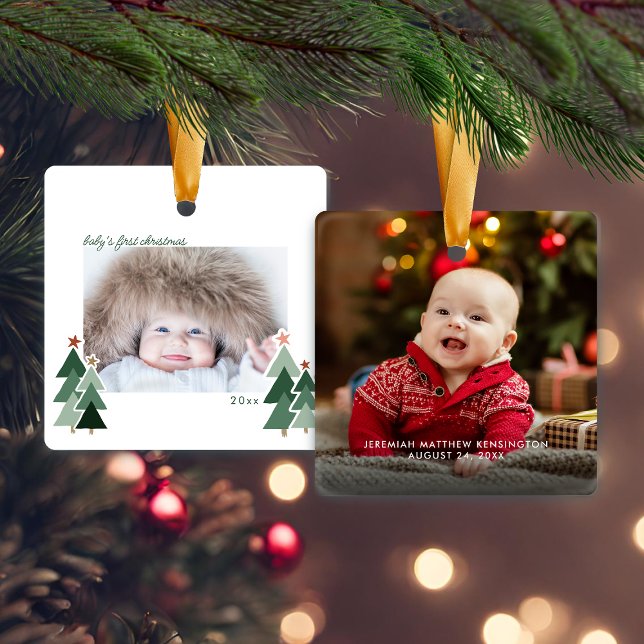 Baby's First Christmas Rustic Trees Foto Keramikornament (Baby's First Christmas Rustic Trees Photo Ceramic Ornament)
