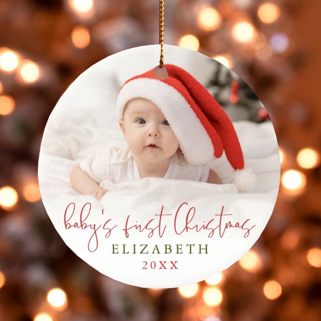 Baby's First Christmas Script Foto Keepake Keramik Ornament (Baby's First Christmas Script Photo Keepsake Ceramic Ornament)