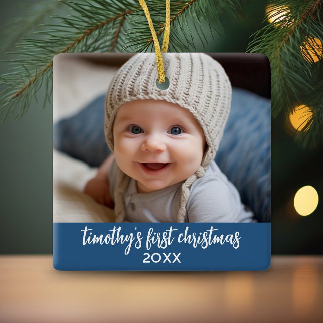 Baby's First Christmas - Simple Baby Blue Boy Keramikornament (Personalized photo ornament)