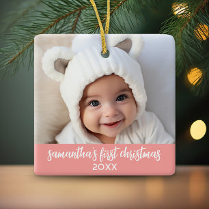 Baby's First Christmas - Simple Coral Pink Girl Keramikornament