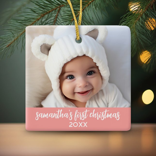 Baby's First Christmas - Simple Coral Pink Girl Keramikornament (Personalized photo ornament)