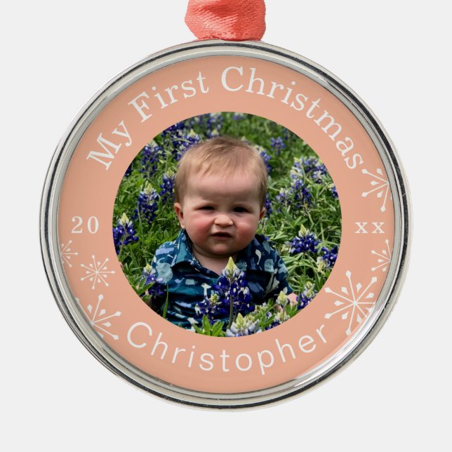 Baby's First Christmas Snowflakes Blush Custom Ornament Aus Metall (Vorne)
