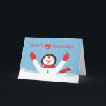 Babys First Christmas Snowman Karte<br><div class="desc">Ein Schneemann geht erfreut über den Schnee auf. Perfekte Karte,  um das erste Weihnachtsfest eines Babys zu versenden! Der Schneemann ist in roten Fäusten und Schal gebündelt.</div>