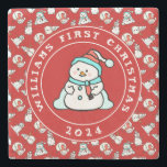 Baby's First Christmas Snowman Pattern Red Name Steinuntersetzer<br><div class="desc">Der erste Untersetzer aus Marmor, in dem sich das Baby aufhält, ist mit einem Schneemann in der Mitte und einem Schneemodell am Rande des Hauses ausgestattet. Ein praktisches Anliegen für Ihre Kinder, um noch viele Jahre behalten. Um den Text zu ändern, klicken Sie auf die Schaltfläche Personalisieren. Dieses Design enthält...</div>
