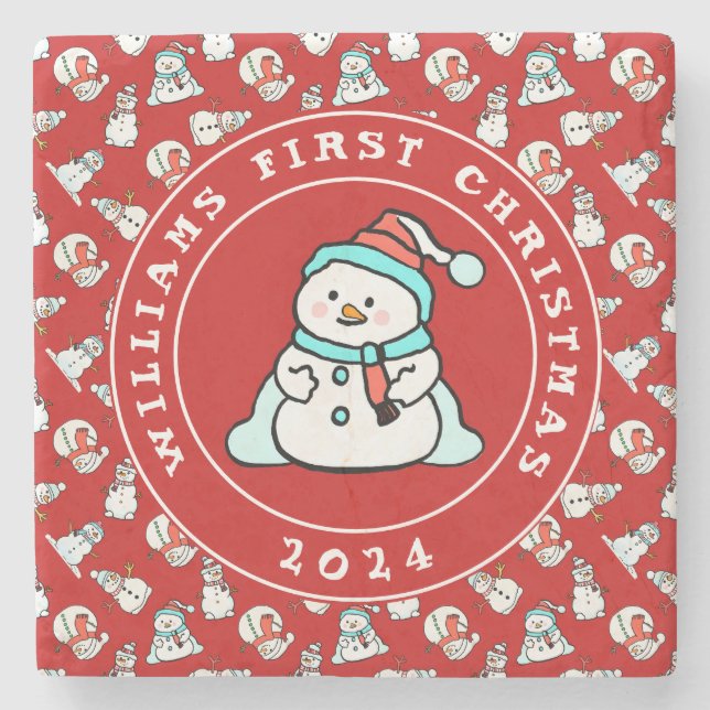 Baby's First Christmas Snowman Pattern Red Name Steinuntersetzer (Vorderseite)
