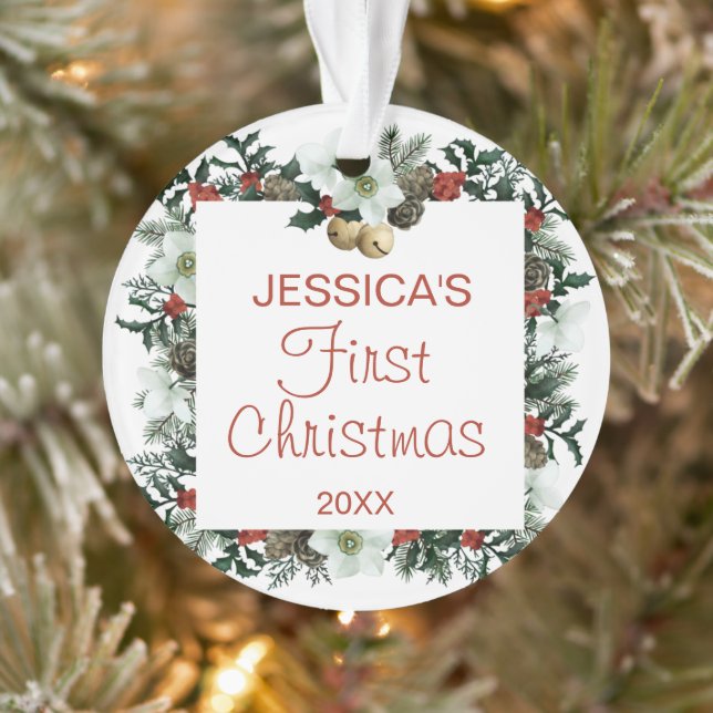 Baby's First Christmas Square Hübsch Kranz Foto Ornament (Baum)