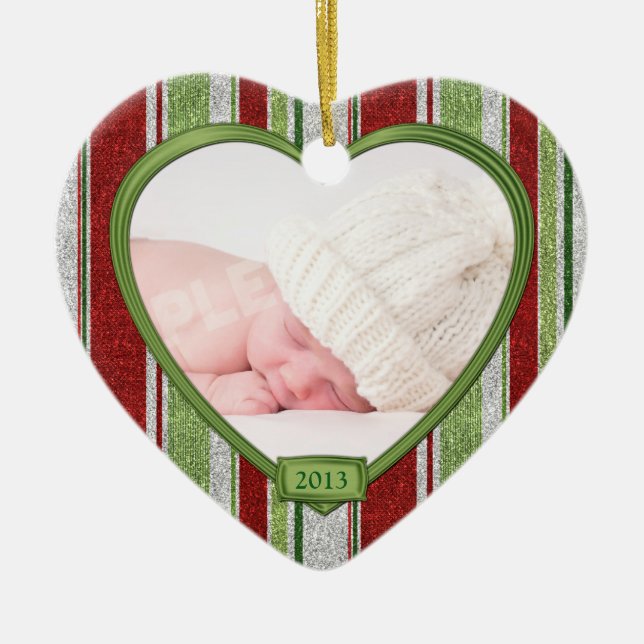 Baby's First Christmas Stripes Foto Herz Xmas Keramik Ornament (Vorne)
