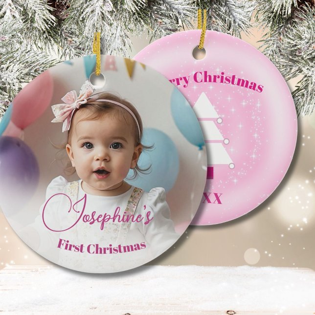 Babys FIrst Christmas Tree Pink Stars Foto Keramik Ornament (Von Creator hochgeladen)
