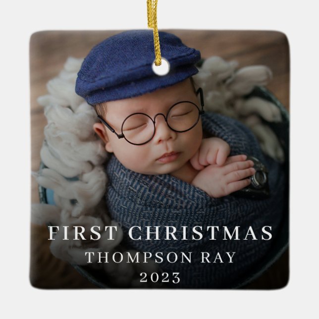 Baby's First Christmas Two Foto Neugeborene Niedli Keramikornament (Vorderseite)