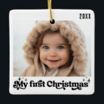 Baby's First Christmas Vintag Retro White Foto Keramikornament<br><div class="desc">Baby's First Christmas Vintag Retro White Foto Keramik Ornament</div>