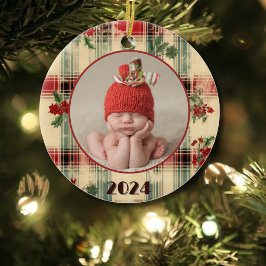 Baby's First Christmas Vintag Worn Kariertes Foto Keramik Ornament