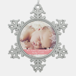 Baby's First Christmas White Silver Glitzer Pink Schneeflocken Zinn-Ornament