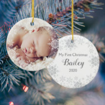 Baby's First Christmas White Silver Snowflakes