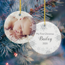 Baby's First Christmas White Silver Snowflakes Keramik Ornament