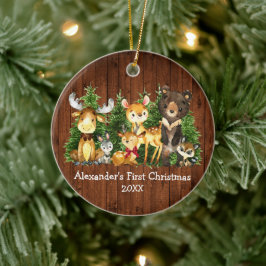 Baby's First Christmas Wood Animals Deer Red Bow Keramik Ornament