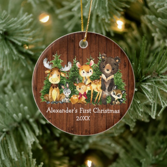 Baby's First Christmas Wood Animals Deer Red Bow Keramik Ornament (Baum)