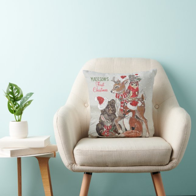 Baby's First Christmas Woodland Animal Deer Custom Kissen (Stuhl )