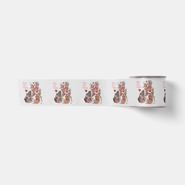 Baby's First Christmas Woodland Animals Deer Bunny Satinband (Vorderseite)
