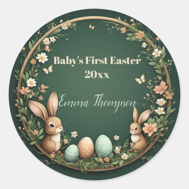 Baby's First Easter Spring Wreath Woodland Animals Runder Aufkleber (Vorderseite)