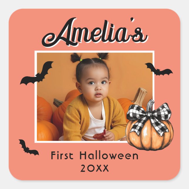 Baby's First Halloween Pumpkin Bats Foto Quadratischer Aufkleber (Vorderseite)