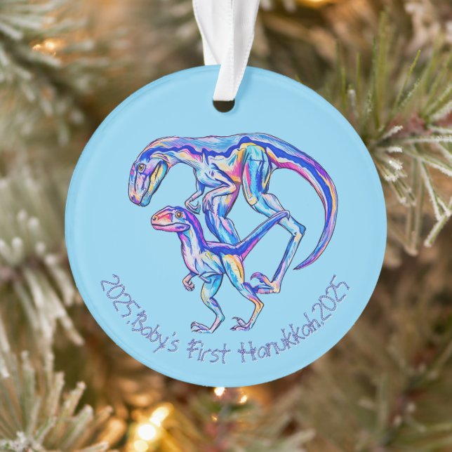 Baby's First Hanukkah 2025 Boy Dino Velociraptor Ornament (Baum)