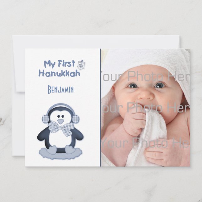 Baby's First Hanukkah, Pinguin, Foto Card Einladung (Vorderseite)