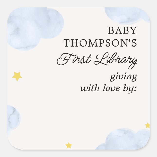 Baby's First Library Buchzeichen Blue Clouds Quadratischer Aufkleber (Vorderseite)