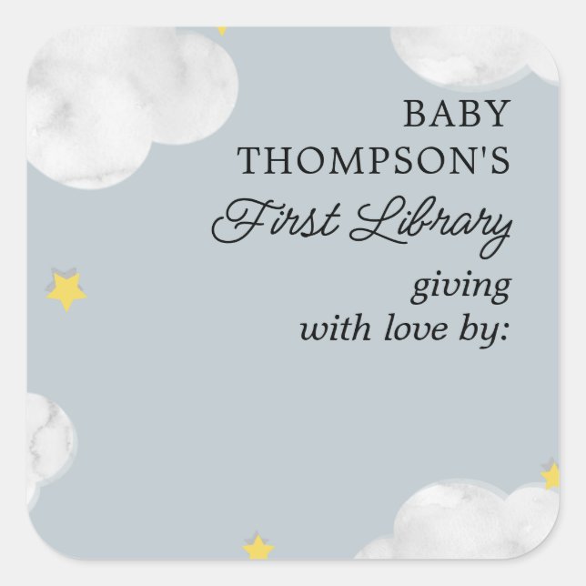 Baby's First Library Buchzeichen Blue Gray Clouds Quadratischer Aufkleber (Vorderseite)