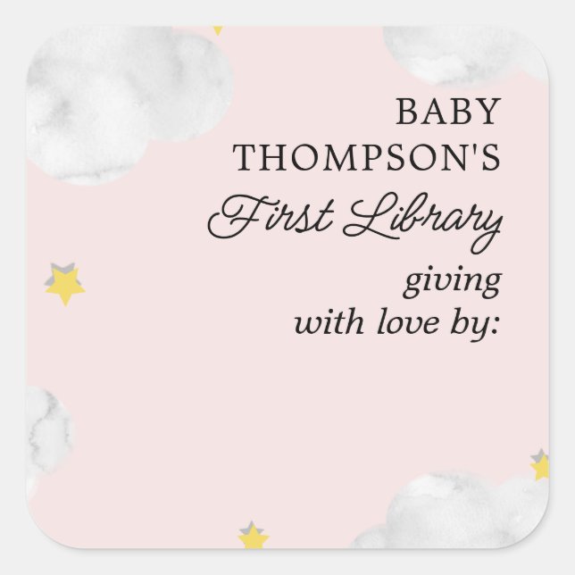 Baby's First Library Buchzeichen Rosa Wolken Quadratischer Aufkleber (Vorderseite)