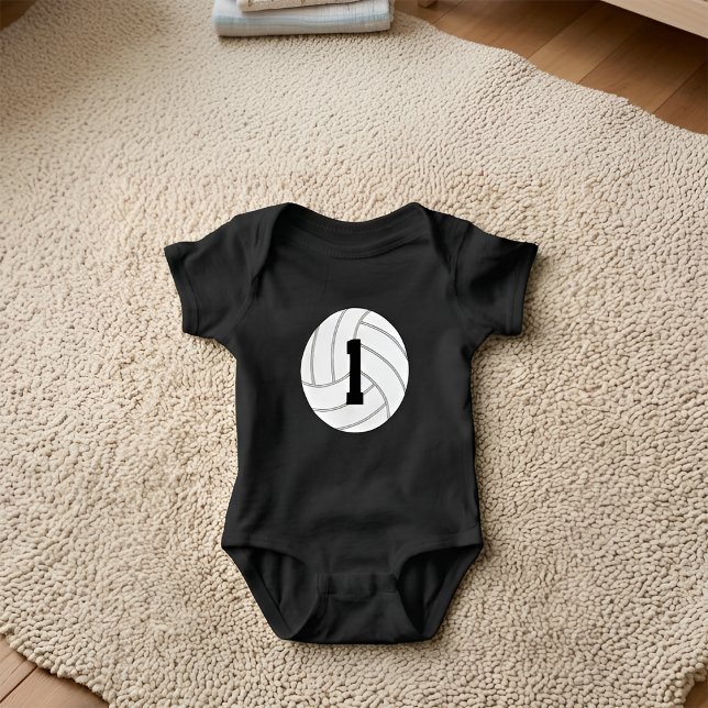 Baby's First Volleyball Game Custom Bodysuit Baby Strampler (Personalized volleyball baby bodysuit with custom jersey number.)