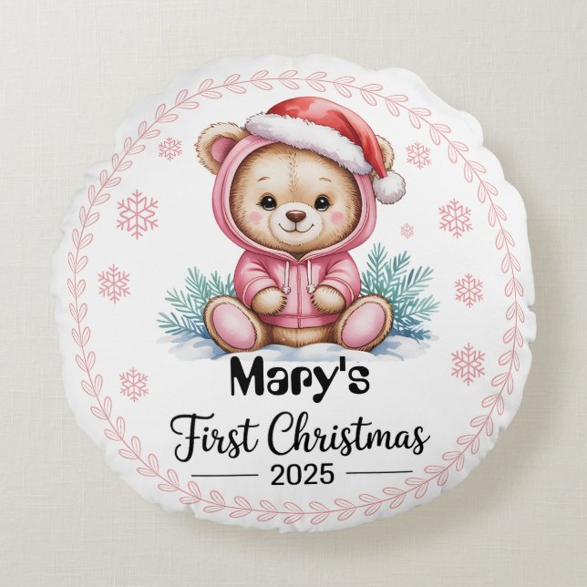Baby's First Xmas 2025 Runde Kissen - Personalisie (Vorderseite)
