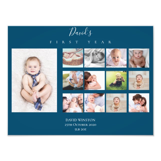 Baby's First Year Foto Collage Keepake Navy Blau (Vorne)