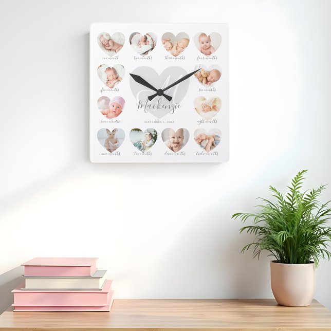 Baby's First Year Heart Foto Keepake Collage Quadratische Wanduhr (Baby's First Year Heart Photo Keepsake Collage Square Wall Clock)