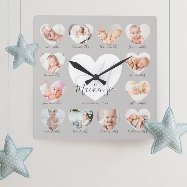 Baby's First Year Heart Foto Keepake Collage Quadratische Wanduhr (Von Creator hochgeladen)