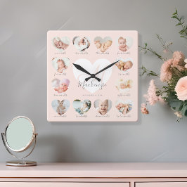 Baby's First Year Heart Foto Keepake Collage Quadratische Wanduhr