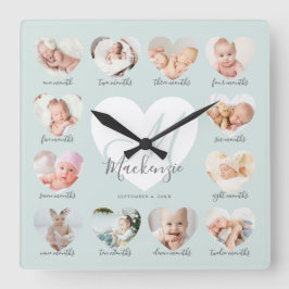 Baby's First Year Heart Foto Keepake Collage Quadratische Wanduhr