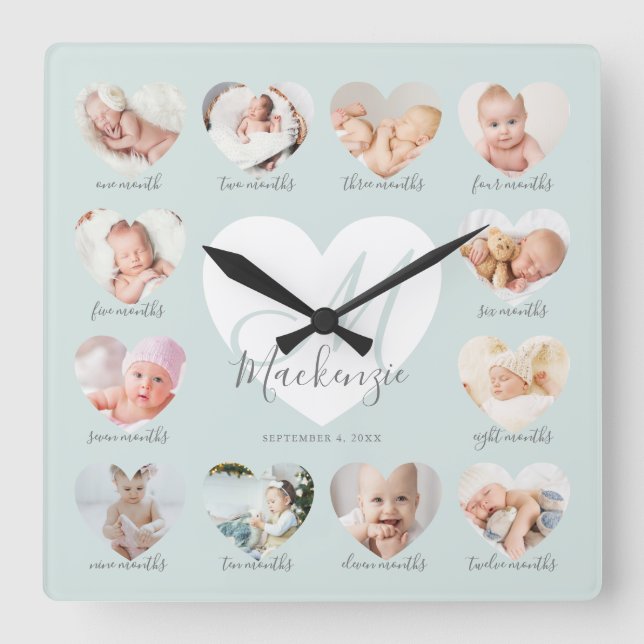 Baby's First Year Heart Foto Keepake Collage Quadratische Wanduhr (Vorderseite)