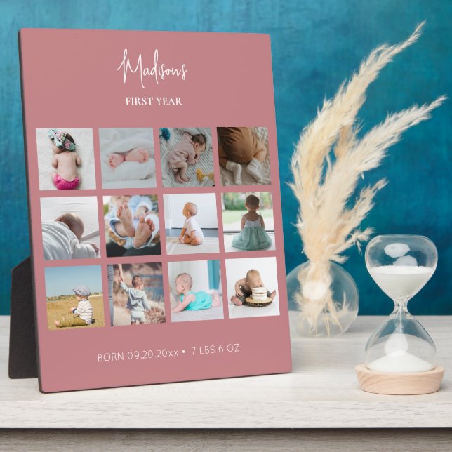 Baby's First Year Photo Collage Birth Stats Pink  Fotoplatte (Seite)