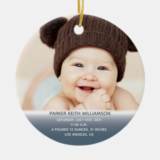 Babys Geburtsstunde 1. Weihnachtsblauer Foto Keramik Ornament (Vorne)