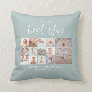 Babys im ersten Jahr Foto Collage Skript blau Kissen